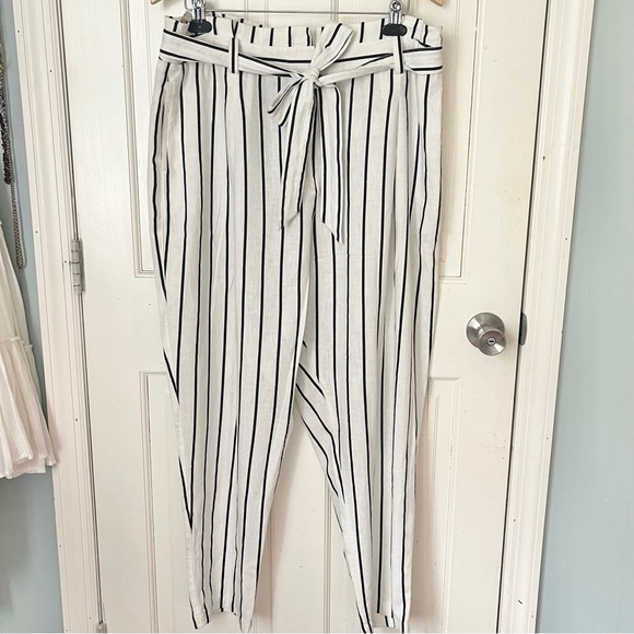 ASOS Linen Blend Paperbag Tie Waist Straight Leg Pants Size 14 Striped - Picture 2 of 11
